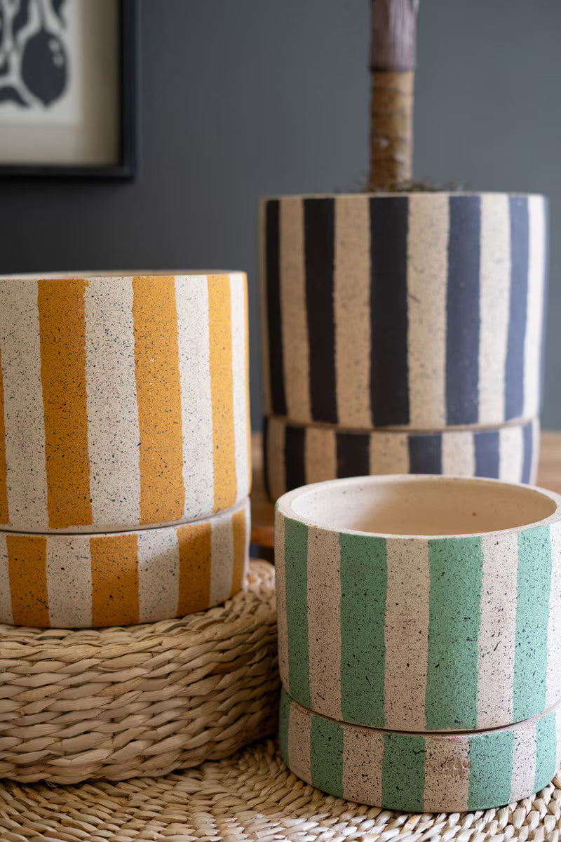 SET OF THREE CLAY PLANTERS WITH STRIPED DETAILS + TRAYS - ONE EACH SIZE
