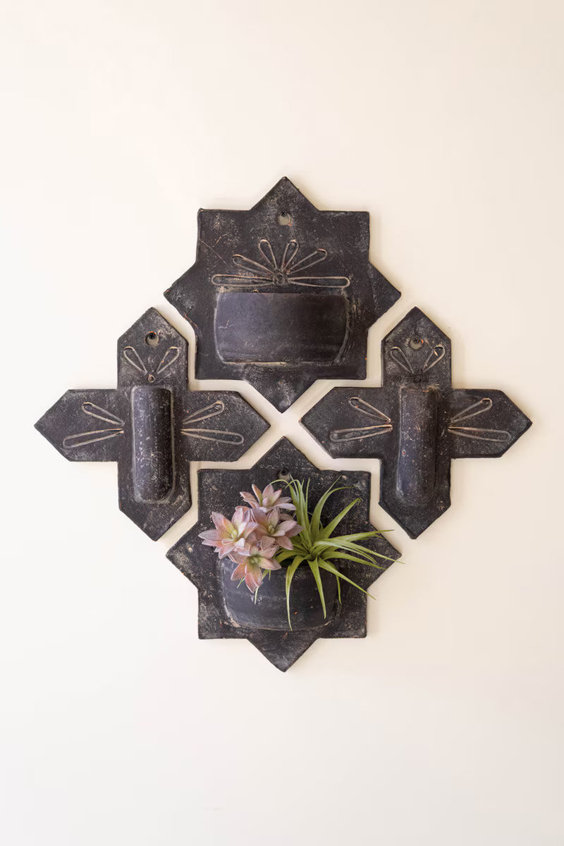 SET OF FOUR BLACK-WASH CLAY WALL PLANTERS