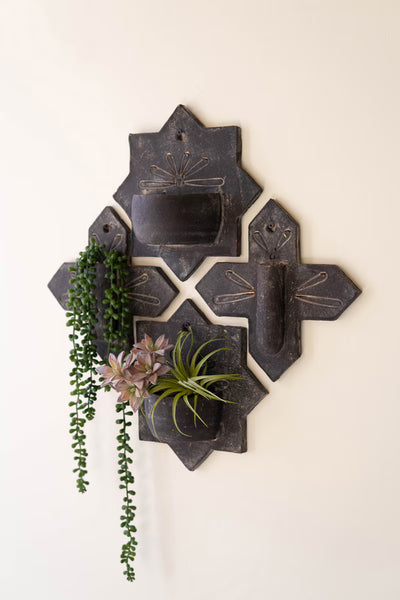 SET OF FOUR BLACK-WASH CLAY WALL PLANTERS