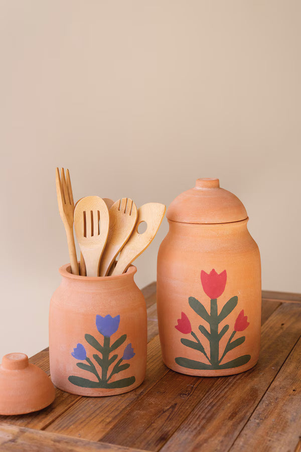 SET OF TWO CLAY CANISTERS WITH PAINTED FLOWER DETAIL