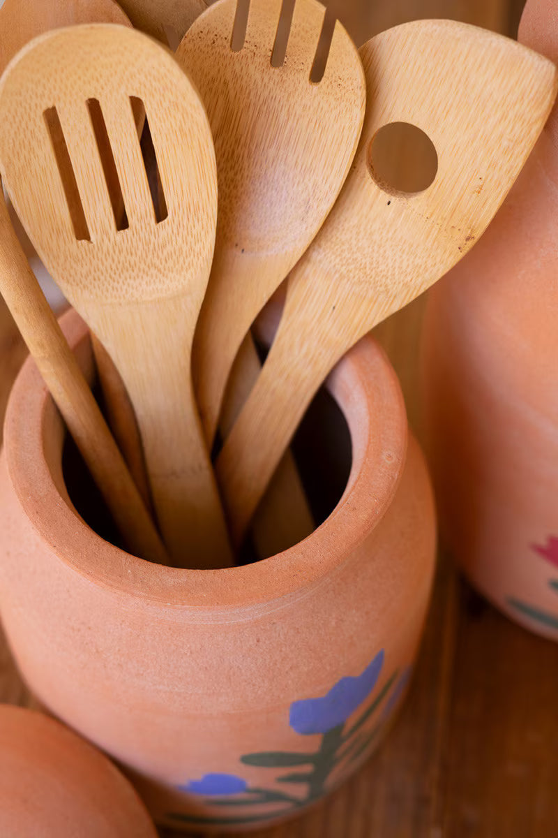 SET OF TWO CLAY CANISTERS WITH PAINTED FLOWER DETAIL