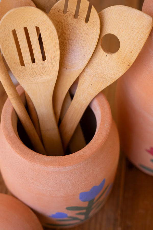 SET OF TWO CLAY CANISTERS WITH PAINTED FLOWER DETAIL