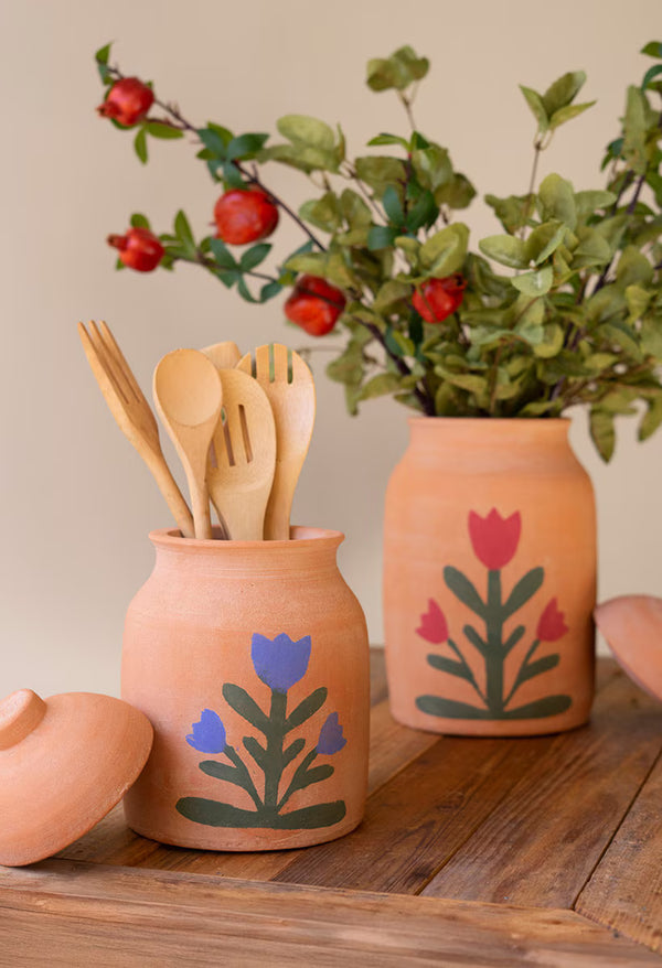 SET OF TWO CLAY CANISTERS WITH PAINTED FLOWER DETAIL