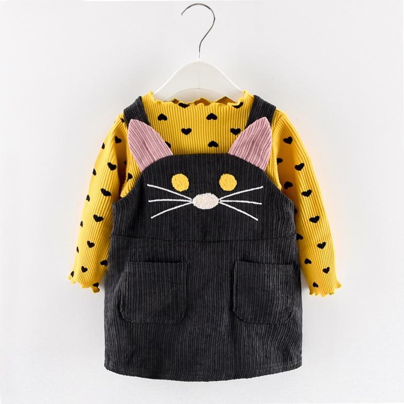 Modern Girls Clothes Sets Cotton Long Sleeves Dot T-shirt and Cat Strap Dress 2Pcs Baby Clothing Dress For Girls and Babies from 6-24months and Girls 3-4years