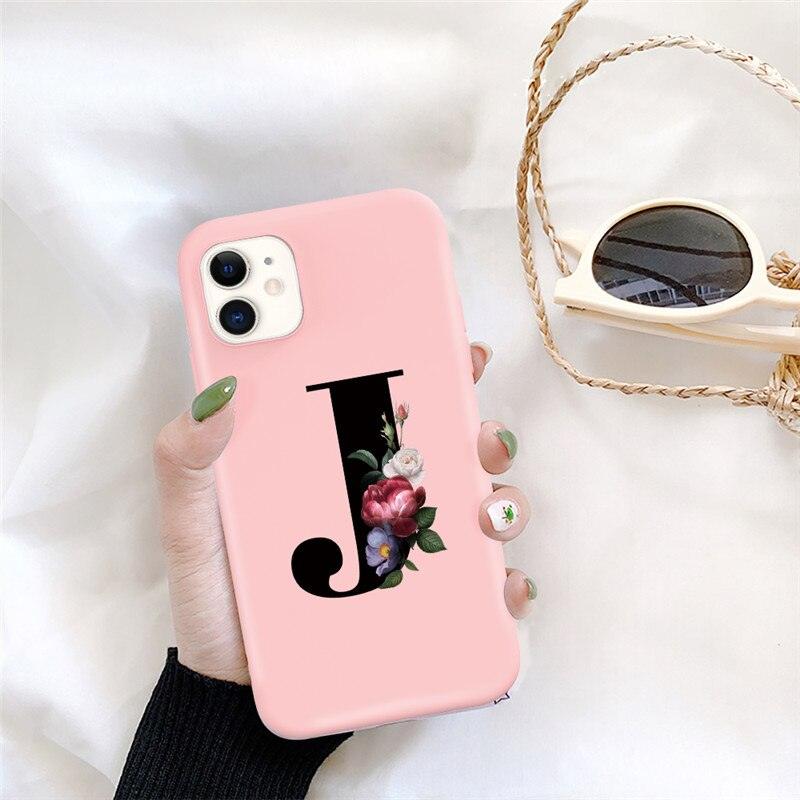 Initial Letter Silicon Phone Case For Iphone  12 Pro Max Retro Pink Flower Soft Back Cover Compatible With Iphone Case Soft Touch Cute Pink Silicone Back Cover For Iphone
