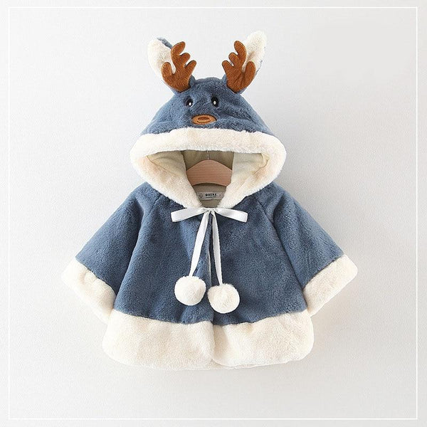 Modern New Christmas Winter LuxuryElegant Cute Elk Cartoon Hooded Soft Coat Cape for Baby Girls