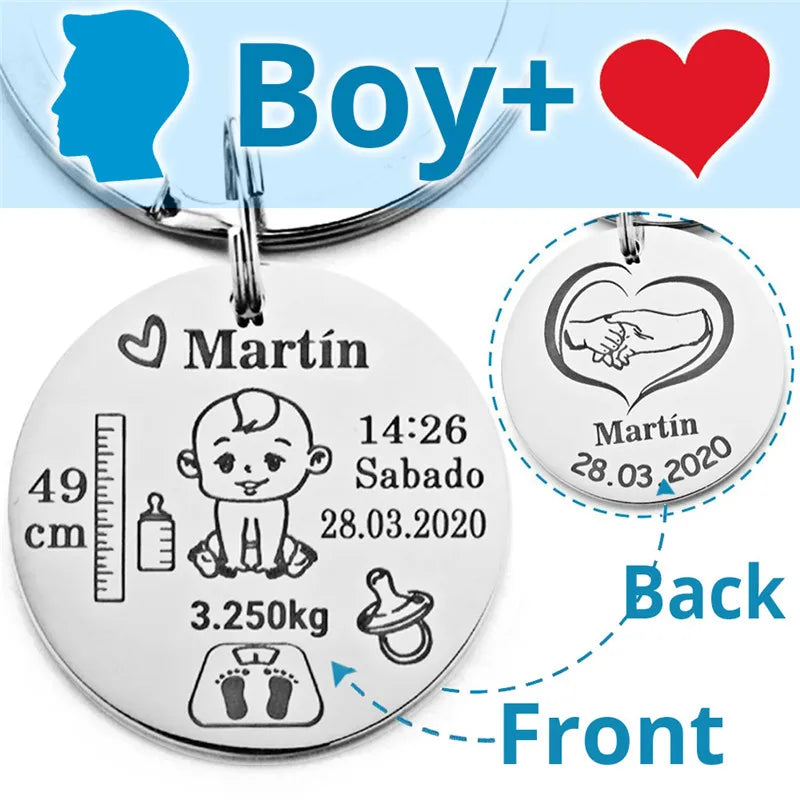 Lovely Personalized Baby Boys Girls Keychain  Name Birth Weight Height For Newborn Commemorate New Mom Dad Gift Keyring P026_C