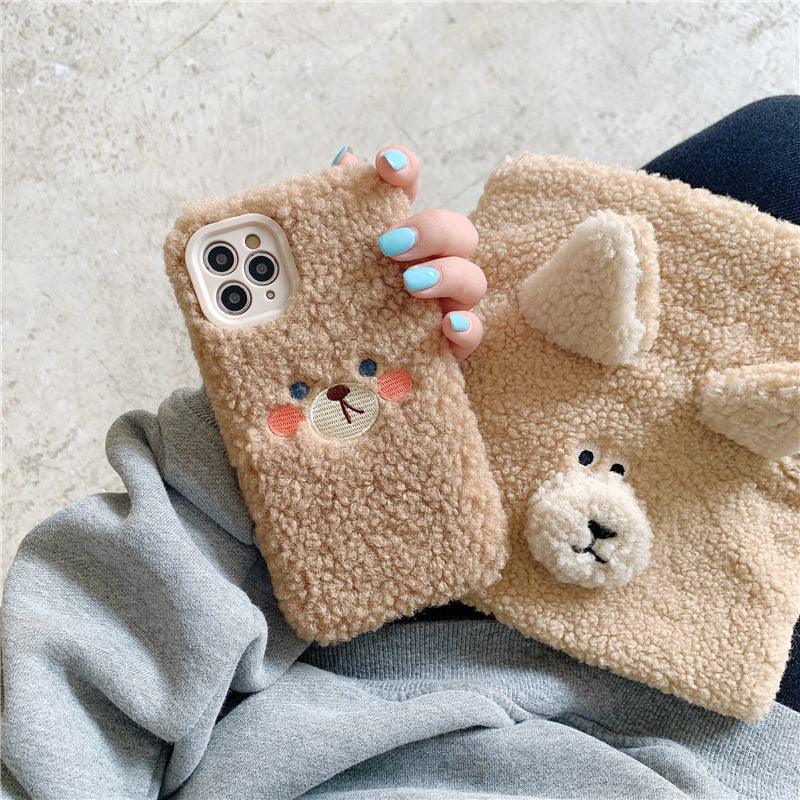 Cute Brown Bear Plush Phone Case For Iphone 14 11 12 13 Pro Max 7 8 X XS Max XR SE2 Autumn And Winter Shockproof Full Case Cover Cute Bear Animal Winter Warm Plush Fabric Phone Case
