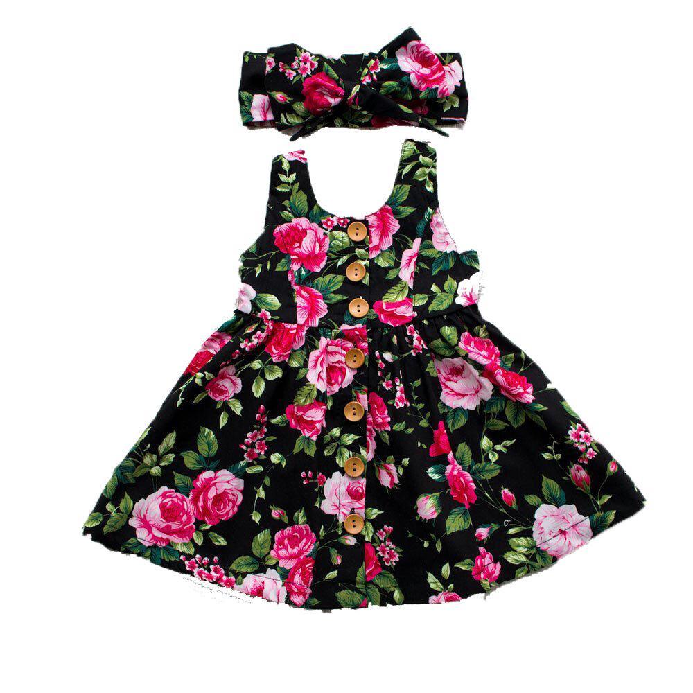 Modern Elegant Baby Girls Kids Summer Floral Dress Princess Party Sleeveless Dresses Headband 2pcs 0-4Y For Party In Flowers Modern Design With Bow