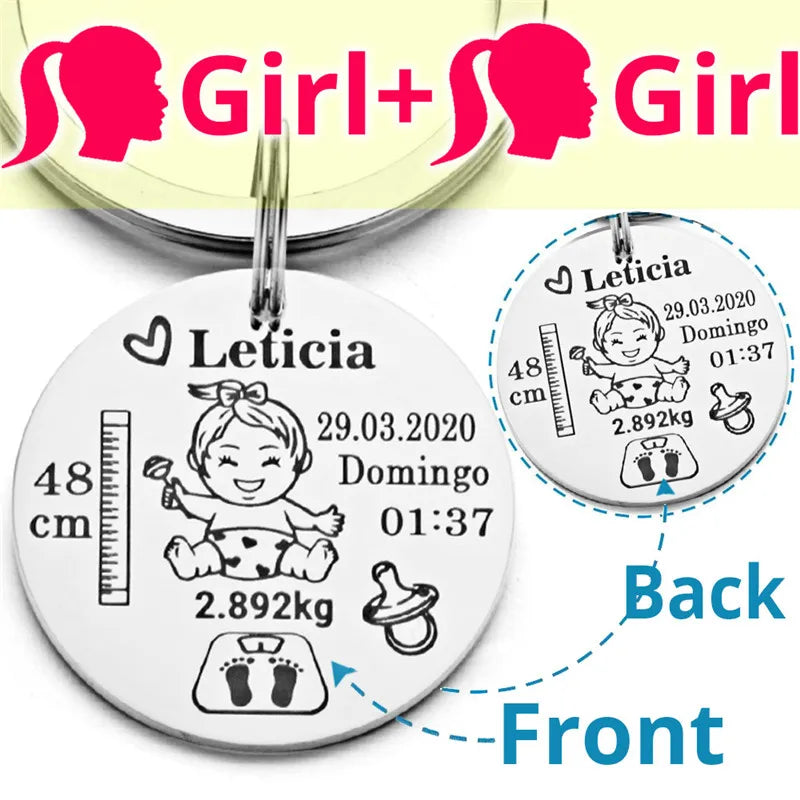 Lovely Personalized Baby Boys Girls Keychain  Name Birth Weight Height For Newborn Commemorate New Mom Dad Gift Keyring P026_C