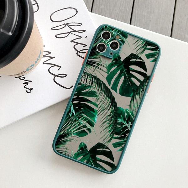 Green Leaves Plant Flower Phone Case for iphone 11 12 13 14 Pro Max Hard Back Shockproof Cover Floral Tropical Design with Slim Glossy Green Palm Leaves Pattern Case