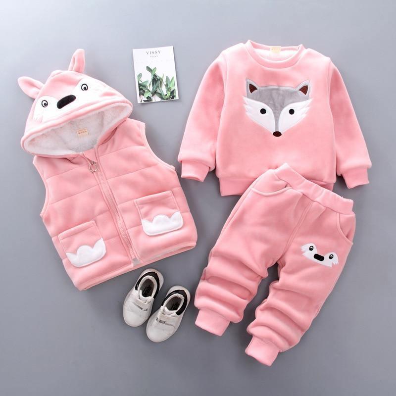 Modern Fashion Cotton Thick Warm Casual Hooded Sweater Cartoon Cute Bear Three-piece Suit For Baby Boy & Girl