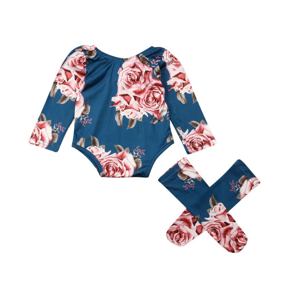 Newborn Baby Girls Floral Clothes Spring Autumn Long Sleeve Romper Warm Leg Socks Outfits Romer and Jumpsuit For Kids With Socks in Floral Design