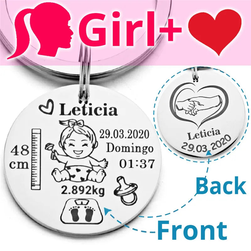 Lovely Personalized Baby Boys Girls Keychain  Name Birth Weight Height For Newborn Commemorate New Mom Dad Gift Keyring P026_C