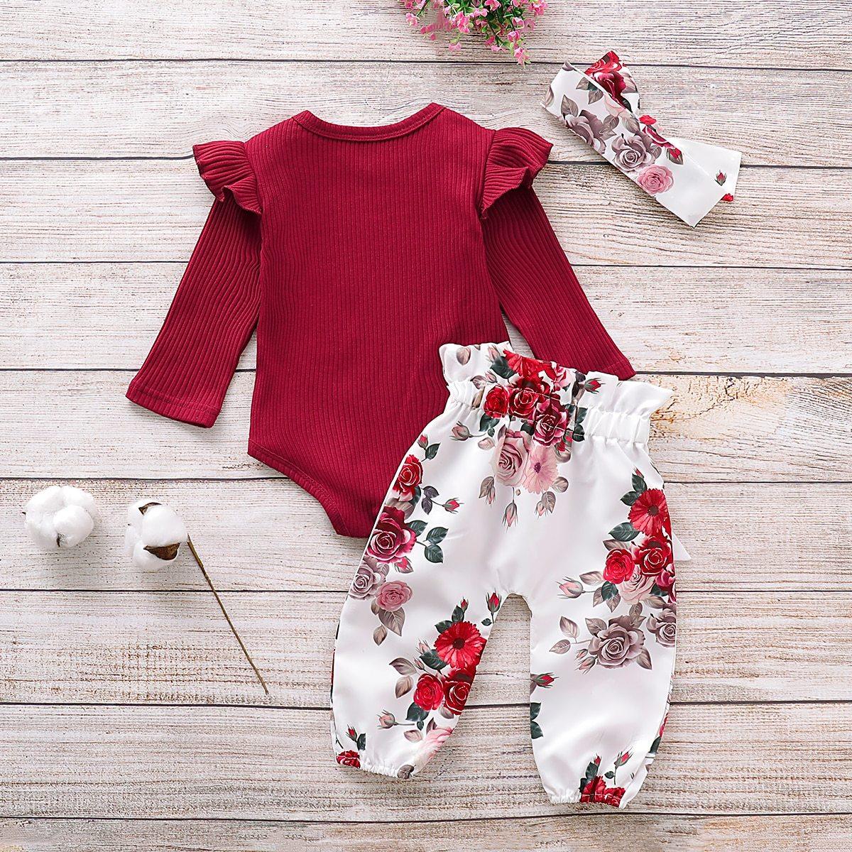 Newborn Baby Girl Clothes Knitting Cotton Long Sleeve  Tops Flower Print Long Pants Headband