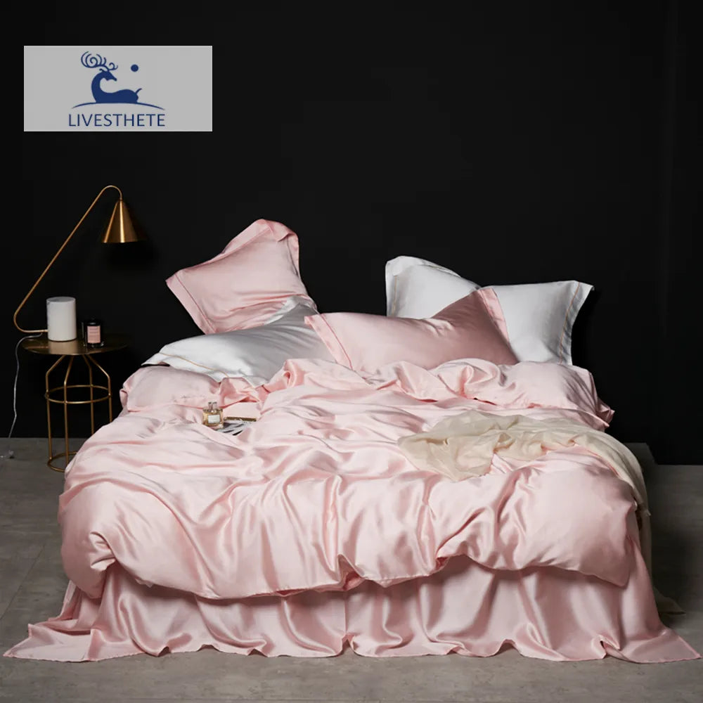 Liv-Esthete Luxury Women Pink 100% Silk Bedding Set Pure Healthy Silk Queen King Duvet Cover Flat Sheet Pillowcase Bed Linen Set