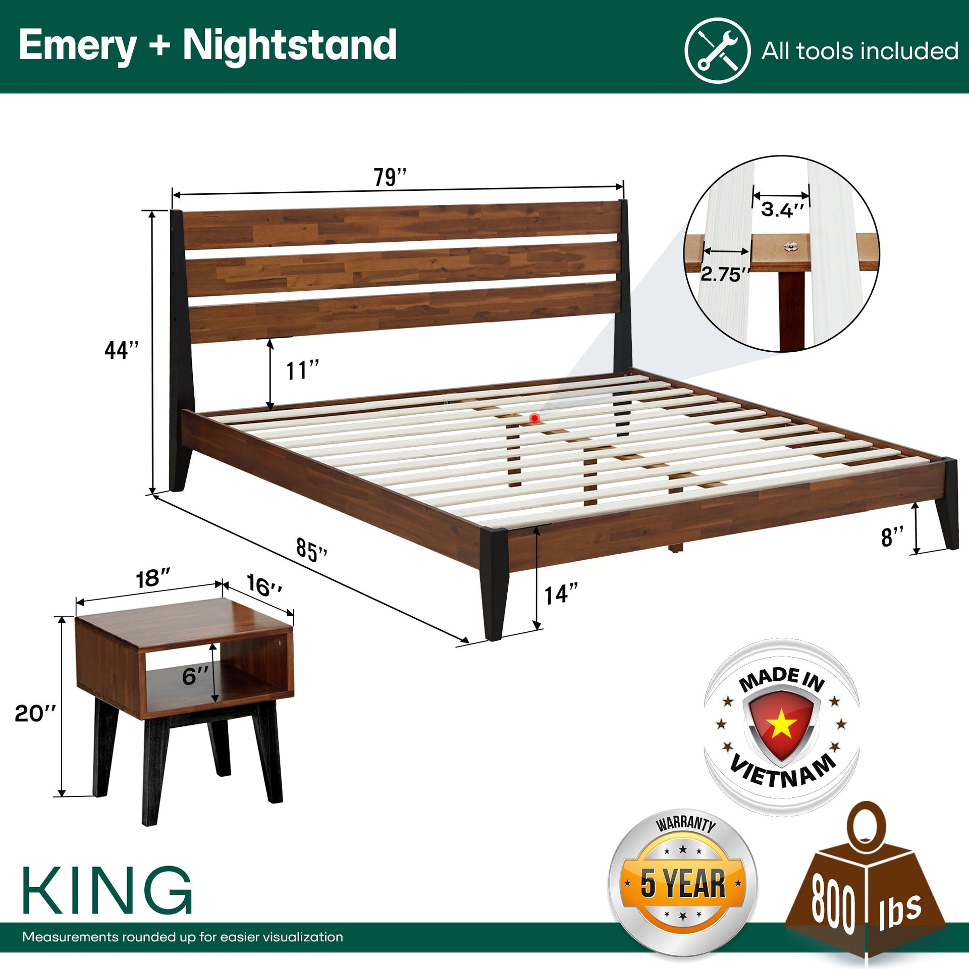 Acacia Emery Solid Wood Bed Frame & Nightstand Bedroom Set