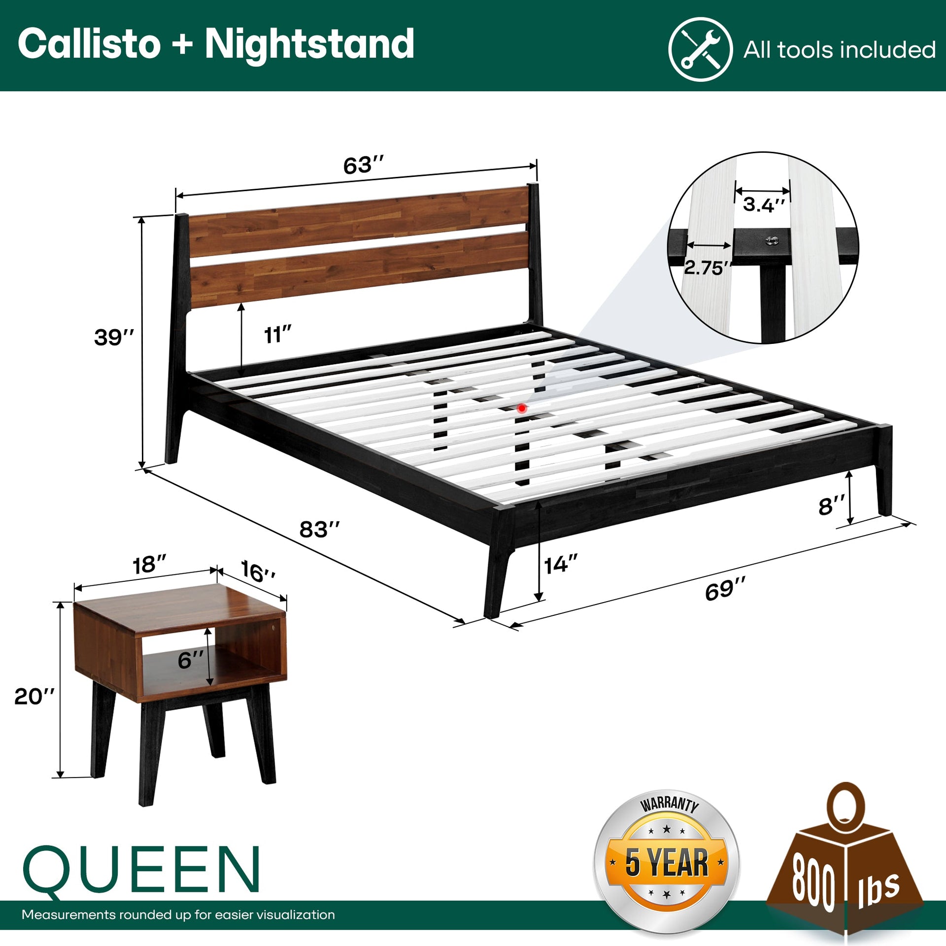 Acacia Callisto Solid Wood  Bed Frame and Nightstand Bedroom Set