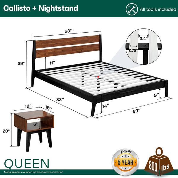 Acacia Callisto Solid Wood  Bed Frame and Nightstand Bedroom Set