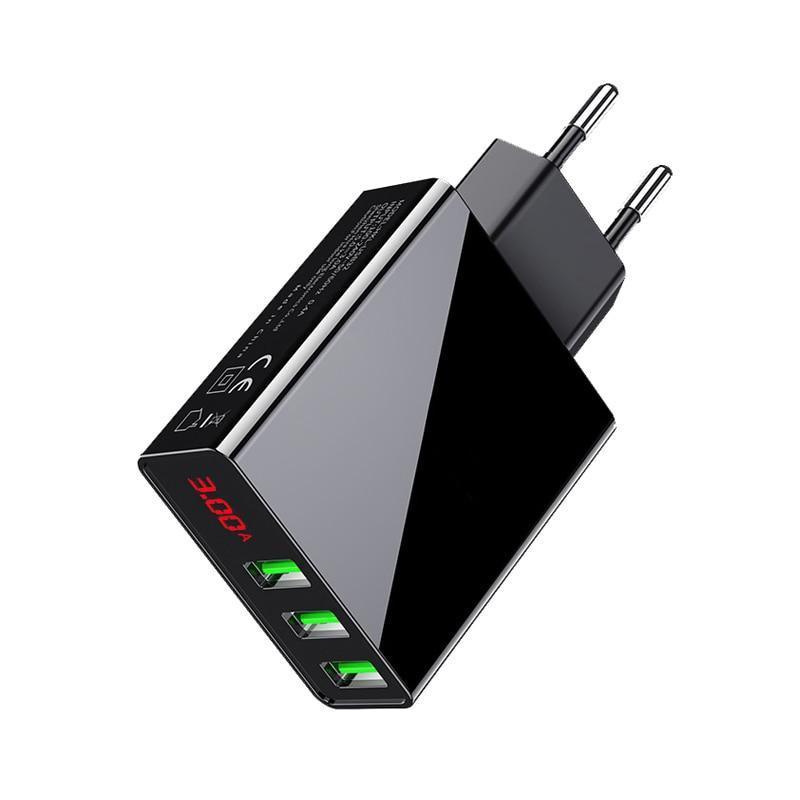 3 Port USB Phone Charger LED Display EU Plug Total Max 3A Smart Fast Charger Mobile Wall Charger For Smartphones