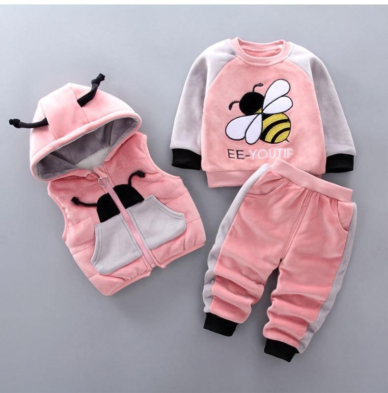 Modern Fashion Cotton Thick Warm Casual Hooded Sweater Cartoon Cute Bear Three-piece Suit For Baby Boy & Girl