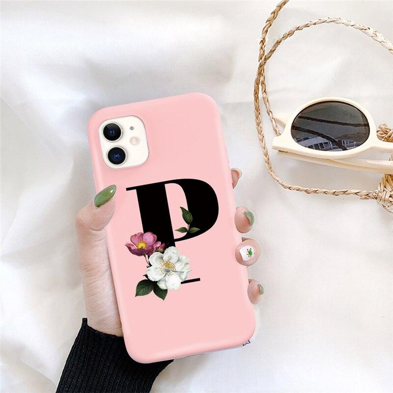 Initial Letter Silicon Phone Case For Iphone  12 Pro Max Retro Pink Flower Soft Back Cover Compatible With Iphone Case Soft Touch Cute Pink Silicone Back Cover For Iphone
