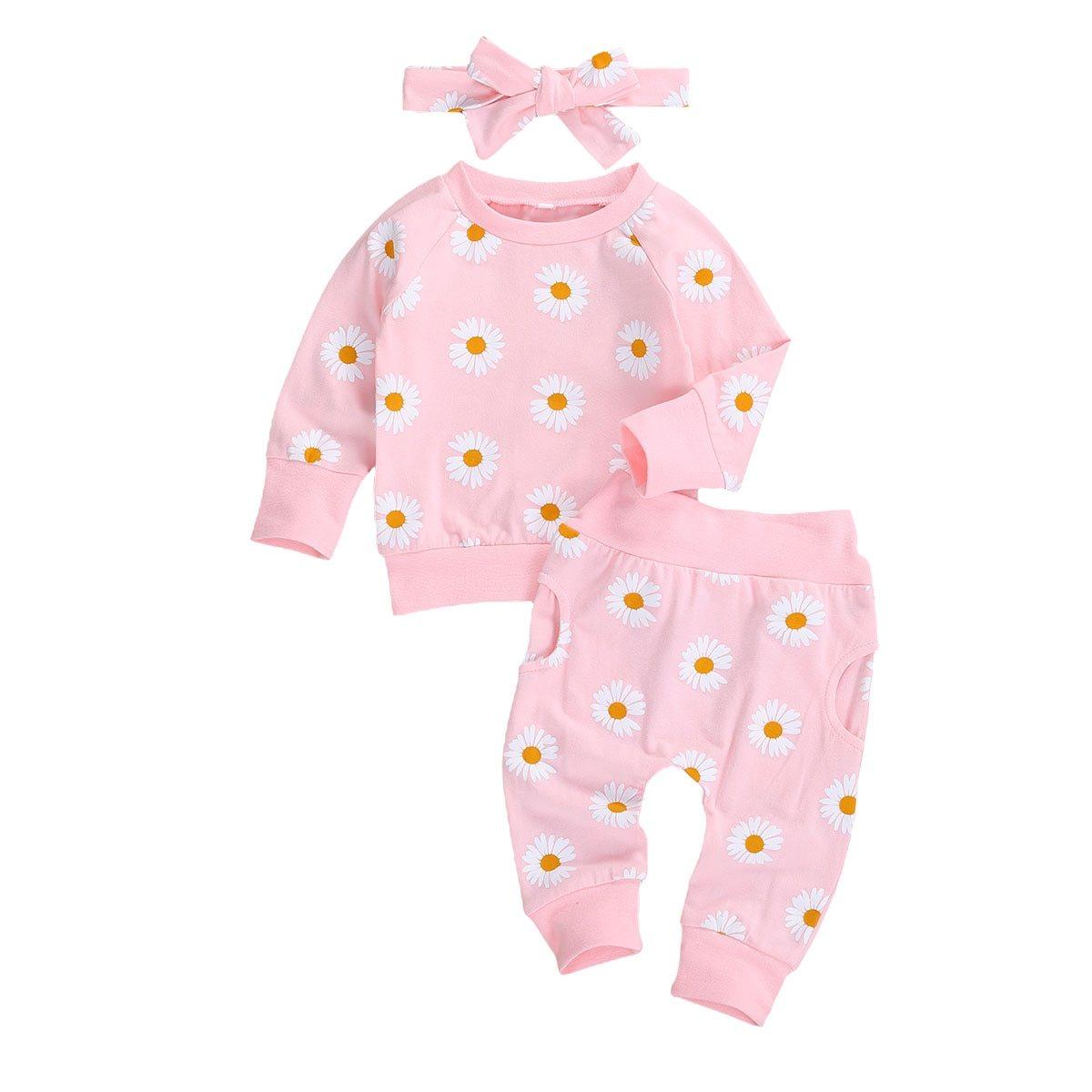 Newborn Baby Girl Two Pieces Set Long Sleeve Top Pant Headband Clothing Sets Perfect Gift For Kids