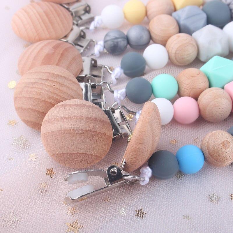 Modern Handmade Chain Wooden Holder For Pacifier Clips Leash Strap Nipple Holder For Infant Feeding For Baby