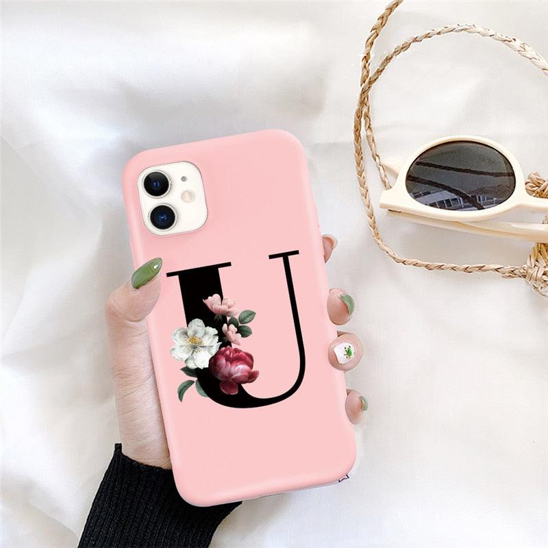 Initial Letter Silicon Phone Case For Iphone  12 Pro Max Retro Pink Flower Soft Back Cover Compatible With Iphone Case Soft Touch Cute Pink Silicone Back Cover For Iphone