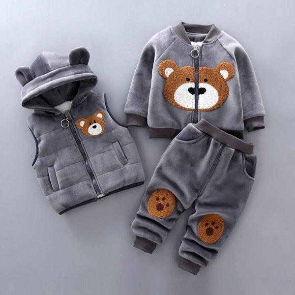 Modern Fashion Cotton Thick Warm Casual Hooded Sweater Cartoon Cute Bear Three-piece Suit For Baby Boy & Girl