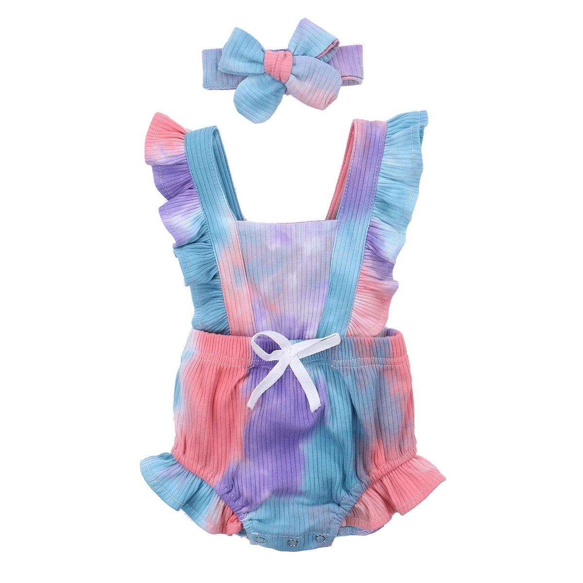 Luxury Modern New Printed Colorful Toddler Girls Rompers With Headband Ruffles Short Sleeve Printed Backless Jumpsuits