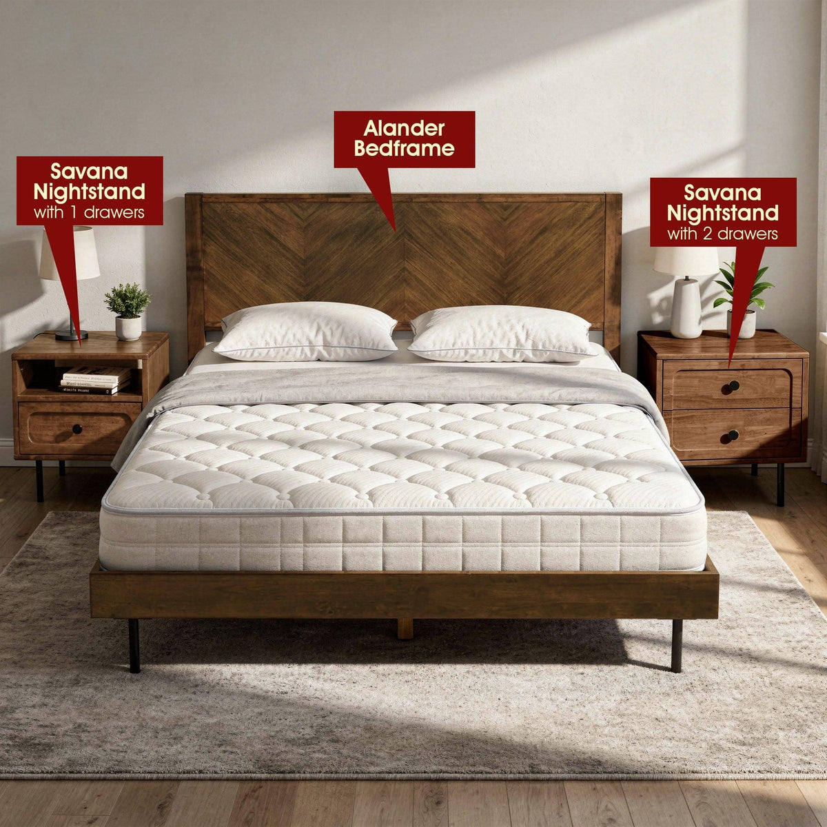 Savana Two Drawers Solid Wood Nightstand