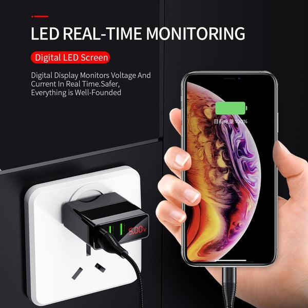 3 Port USB Phone Charger LED Display EU Plug Total Max 3A Smart Fast Charger Mobile Wall Charger For Smartphones