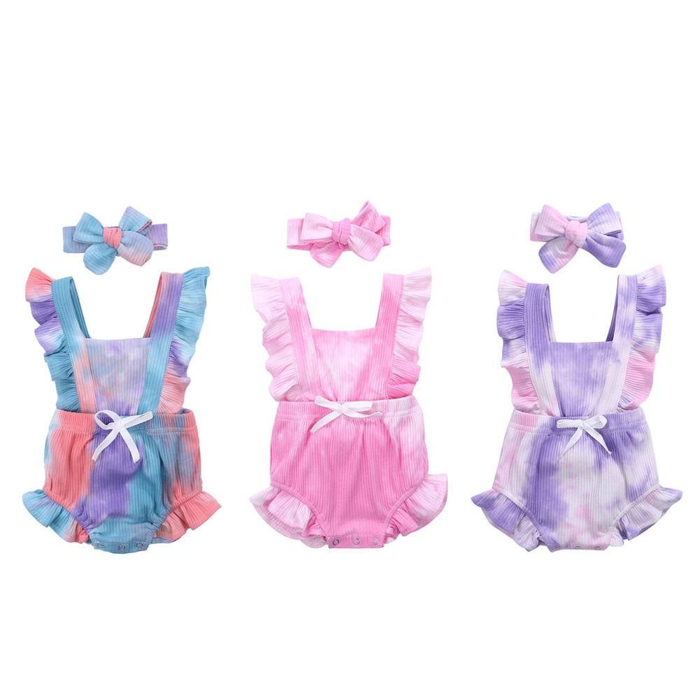 Luxury Modern New Printed Colorful Toddler Girls Rompers With Headband Ruffles Short Sleeve Printed Backless Jumpsuits