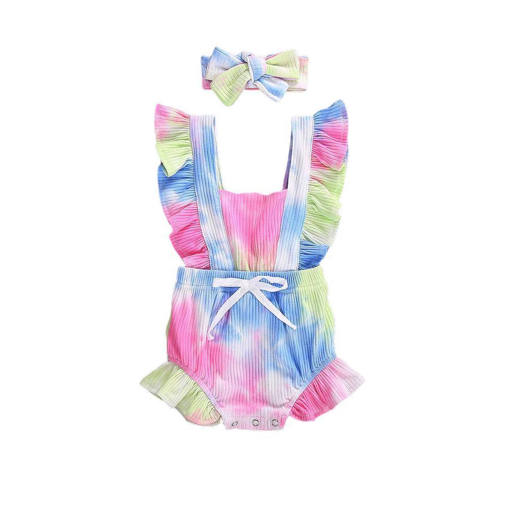 Luxury Modern New Printed Colorful Toddler Girls Rompers With Headband Ruffles Short Sleeve Printed Backless Jumpsuits