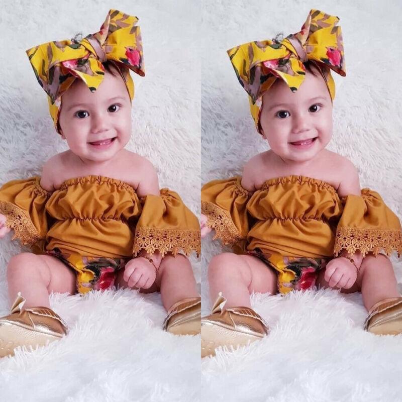 Elegant Luxury Floral Newborn Baby Girl Toddler Outfits Off shoulder Solid Tops Floral Short Pant Headband Bow Set For Baby Girls