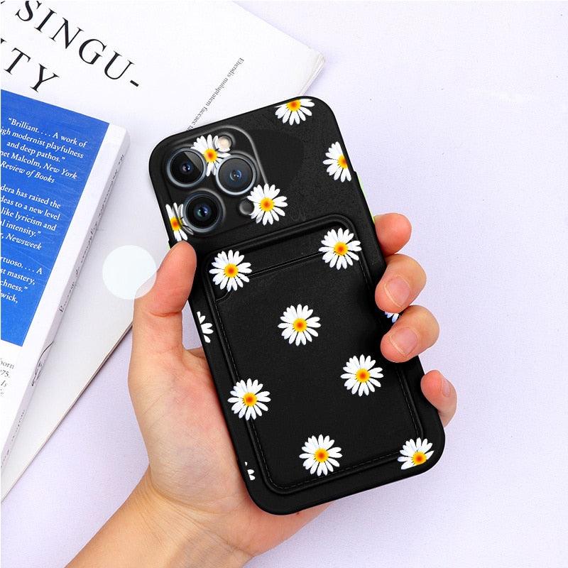 Charming Silicone Soft Anti-Scratch Cases For iPhone 13 Pro Max Case Silicone Wallet Card Holder Cover For iPhone 13 Mini 13ProMax 13Pro Flower Butterfly Beautiful Design Card Holder iPhone Case
