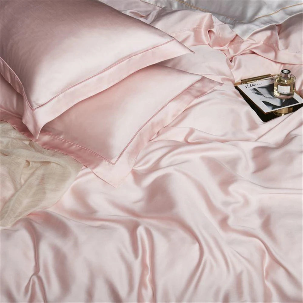 Liv-Esthete Luxury Women Pink 100% Silk Bedding Set Pure Healthy Silk Queen King Duvet Cover Flat Sheet Pillowcase Bed Linen Set