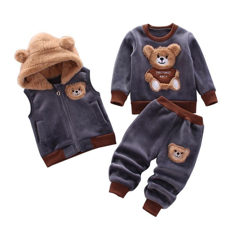 Modern Fashion Cotton Thick Warm Casual Hooded Sweater Cartoon Cute Bear Three-piece Suit For Baby Boy & Girl