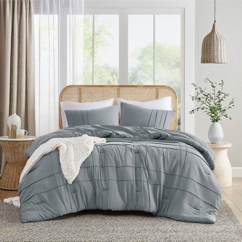 Full/Queen size Pleated Pre-Washed Microfiber Comforter Set in Blue Grey