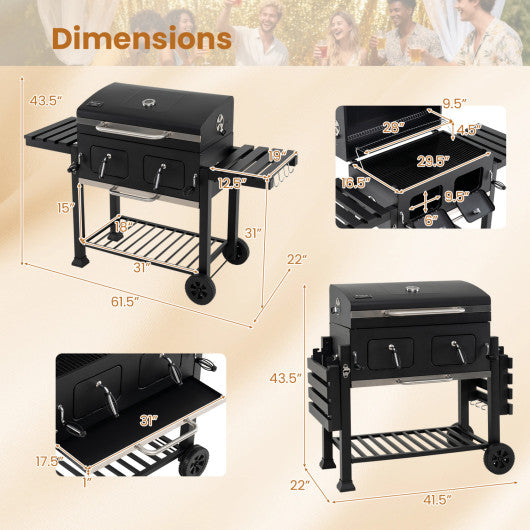 Large Charcoal Grill with Lifting Charcoal Trays and Folding Tables and Wheels