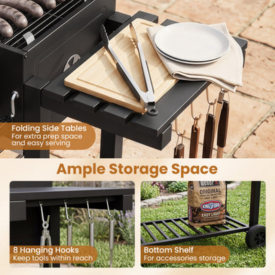 Large Charcoal Grill with Lifting Charcoal Trays and Folding Tables and Wheels