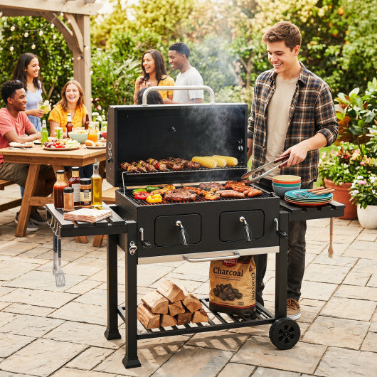 Large Charcoal Grill with Lifting Charcoal Trays and Folding Tables and Wheels