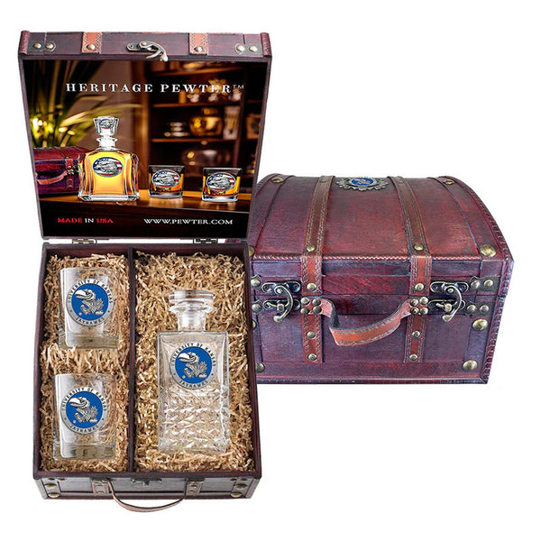 University of Kansas Heritage Decanter and 2 Glasses with Chest Box