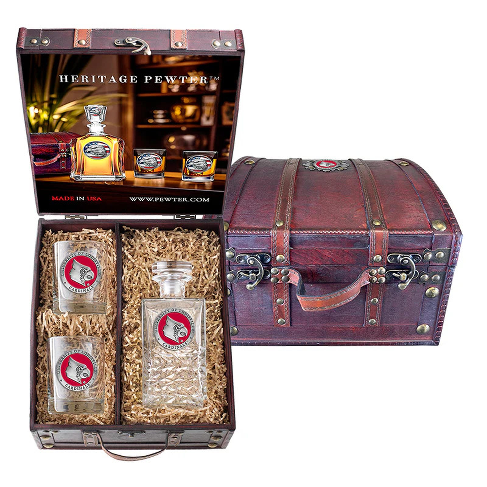 University of Louisville Heritage Decanter and 2 Glasses with Chest Box