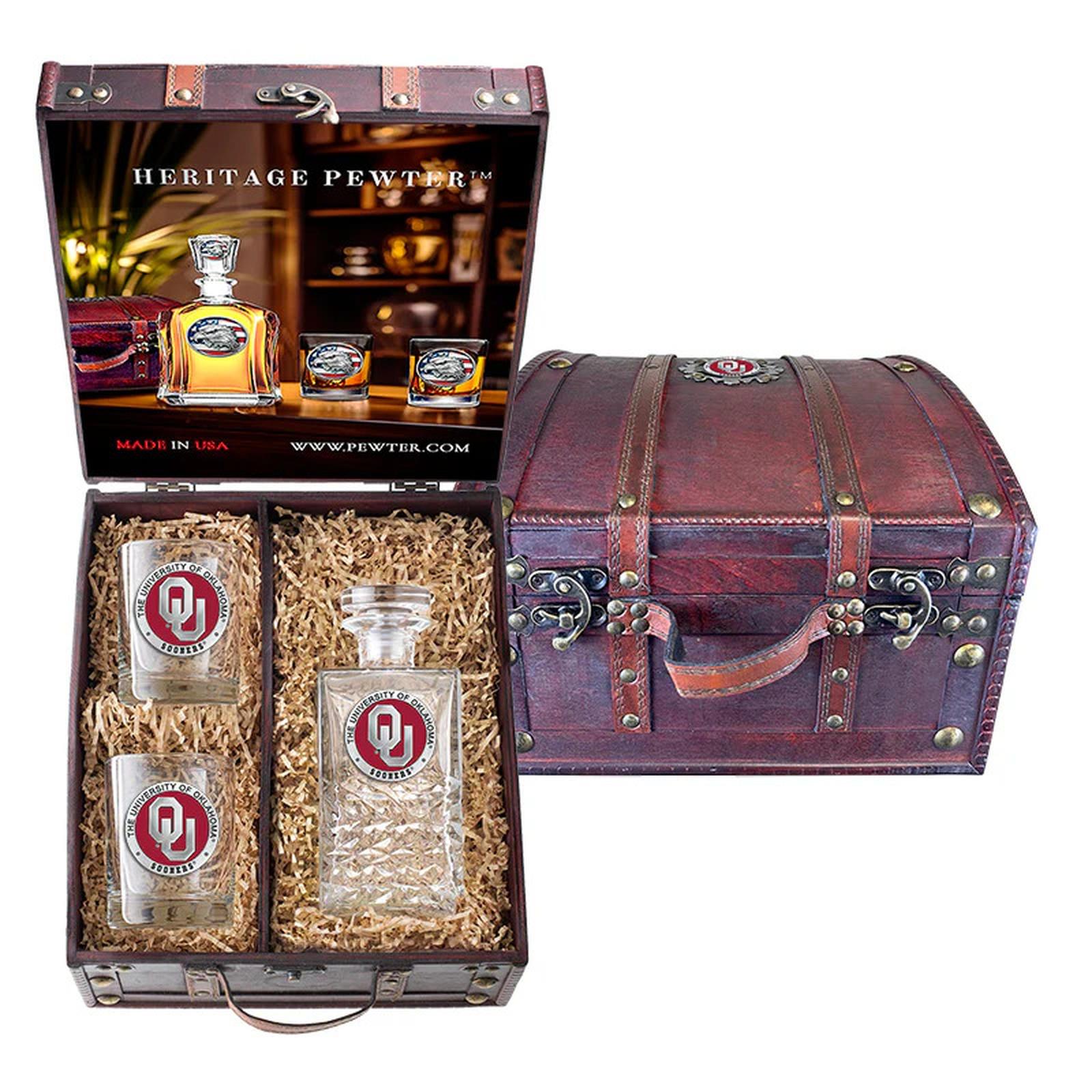University of Oklahoma Heritage Decanter and 2 Glasses with Chest Box
