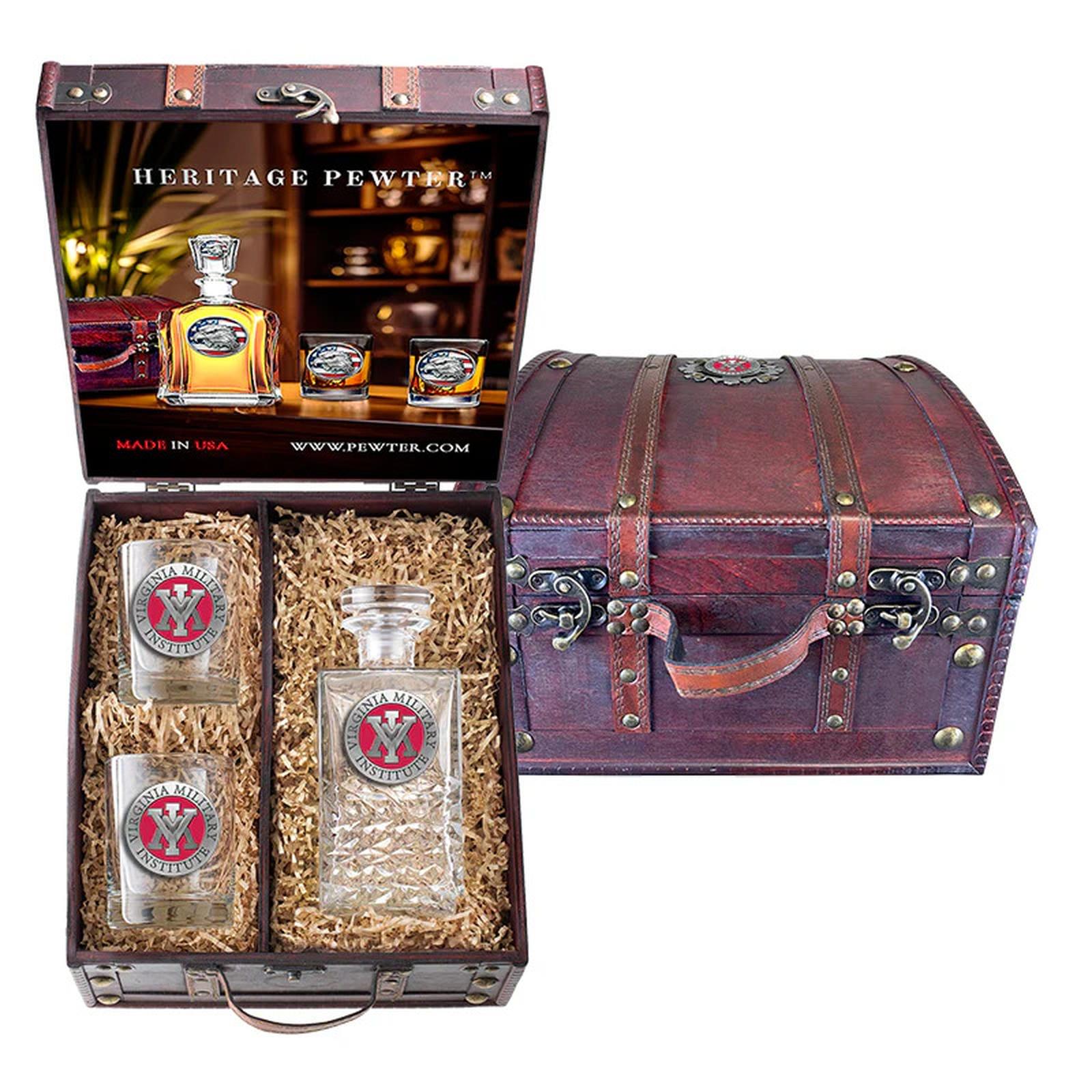 Virginia Military Institute Heritage Decanter and 2 Glasses with Chest Box