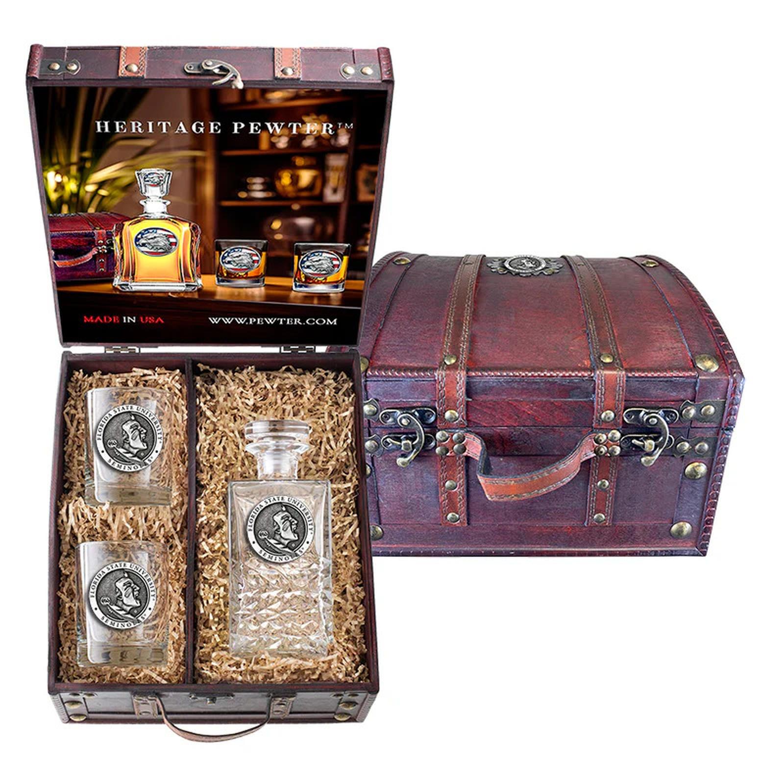 Florida State University Seminoles Logo Heritage Decanter and 2 Glasses with Chest Box