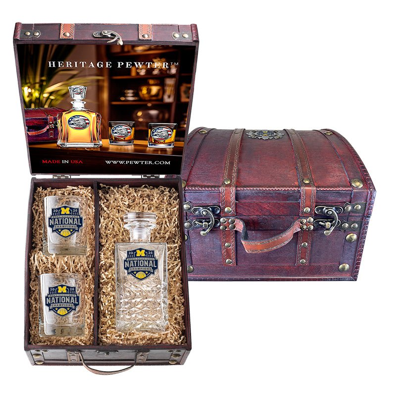 2026 Michigan Basketball Championship Heritage Decanter and 2 Glasses with Chest Box