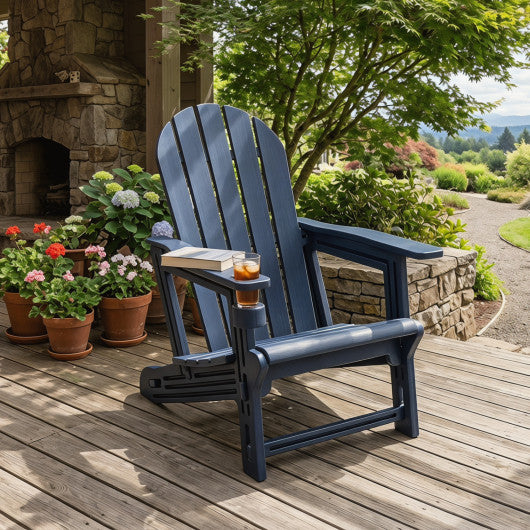 HDPE Adirondack Chair with Cup Holder and Wooden Texture for Patio-Blue